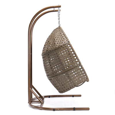 Brown Wicker Hanging Double-Seat Swing Chair with Stand w/Beige Cushion by Blak Hom