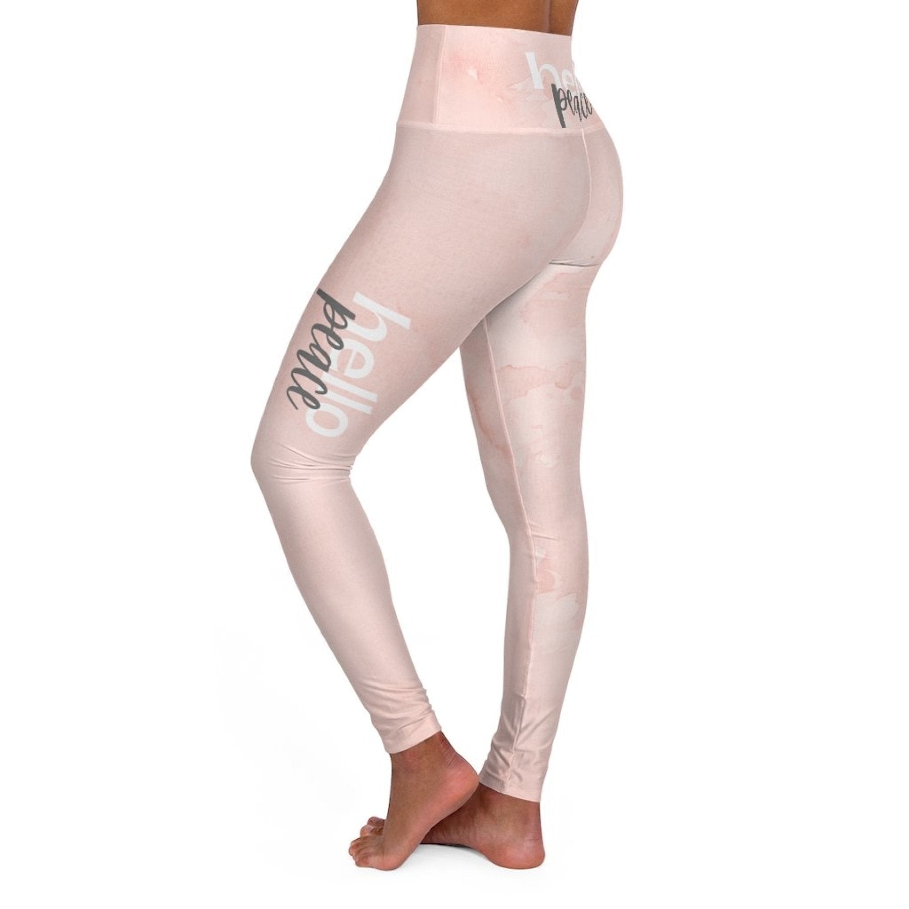 High Waisted Yoga Leggings, Peach Marble Hello Peace Graphic Style Fitness Pants by inQue.Style