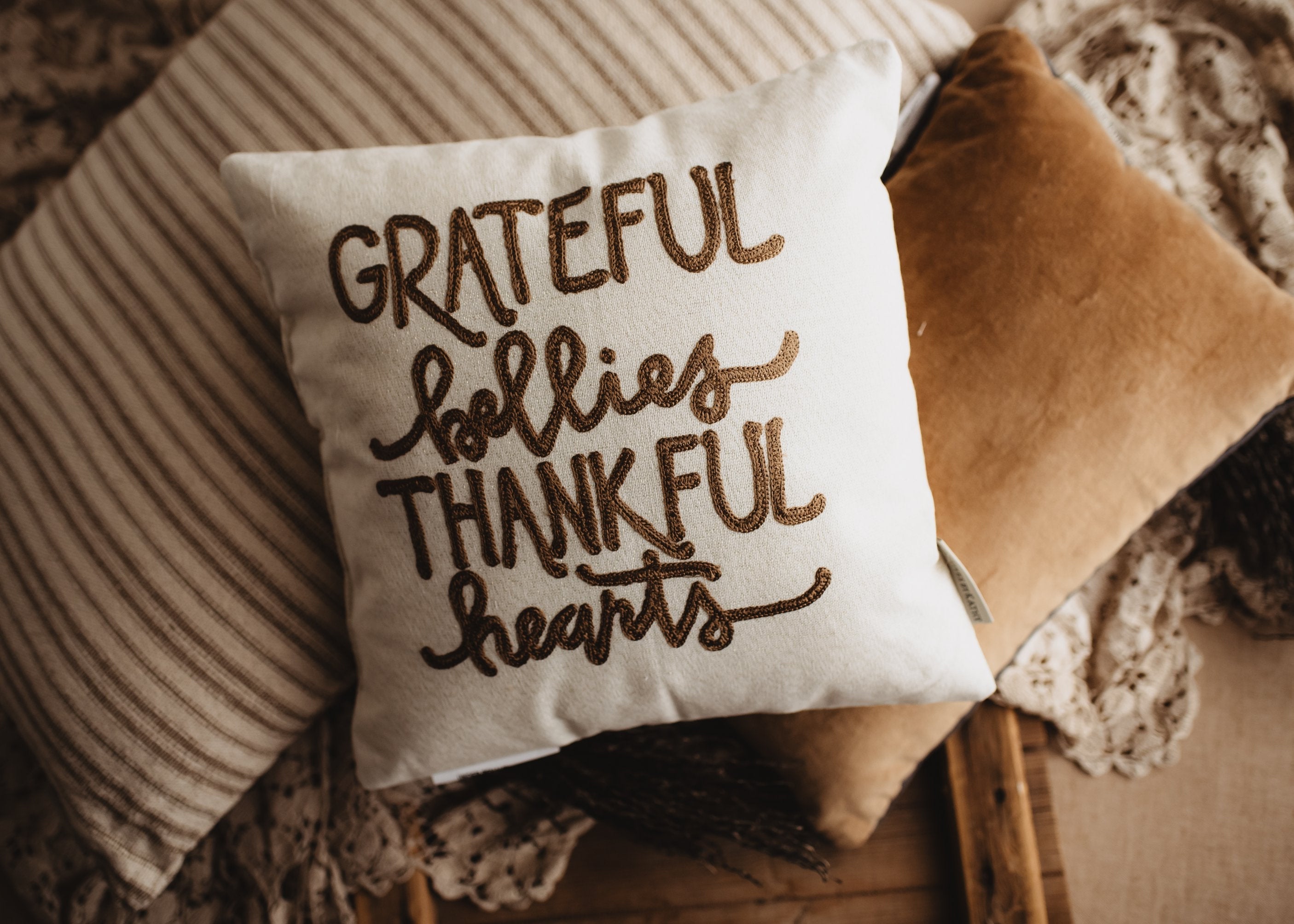 Grateful Bellies Thankful Hearts Throw Pillow Cover