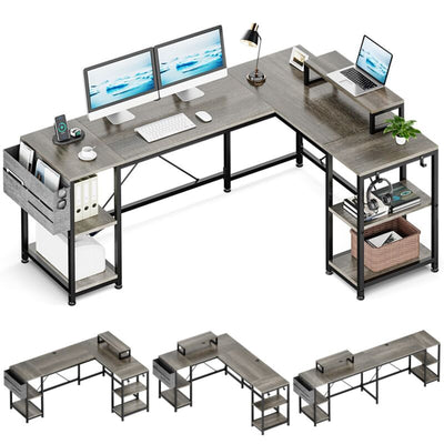 L Shaped Desk 95" Reversible Corner with Shelves Workstation Gray by Plugsus Home Furniture