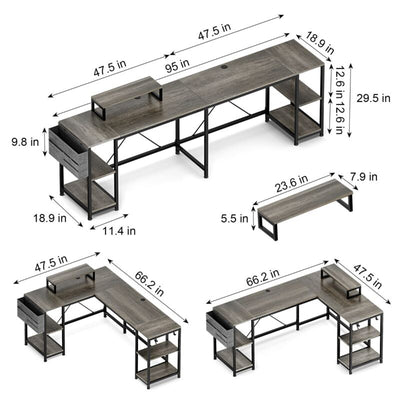 L Shaped Desk 95" Reversible Corner with Shelves Workstation Gray by Plugsus Home Furniture