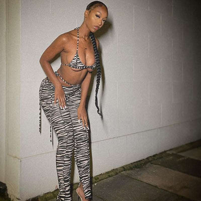 Land of Nostalgia 2-Pieces Halter Zebra Print Women's Sleeveless Summer Sexy Bra Pants by Land of Nostalgia
