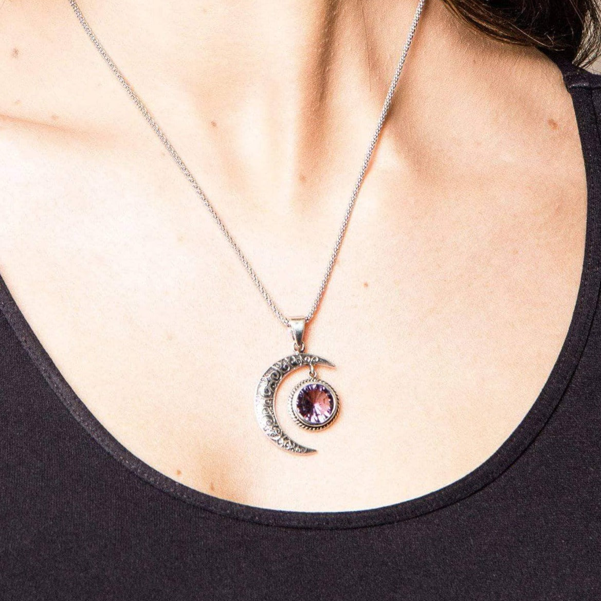 Gemstone Silver Moon Pendant Necklace by Tiny Rituals