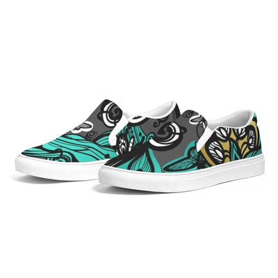 Uniquely You Womens Sneakers - Canvas Slip On Shoes, Green Butterfly Print by inQue.Style