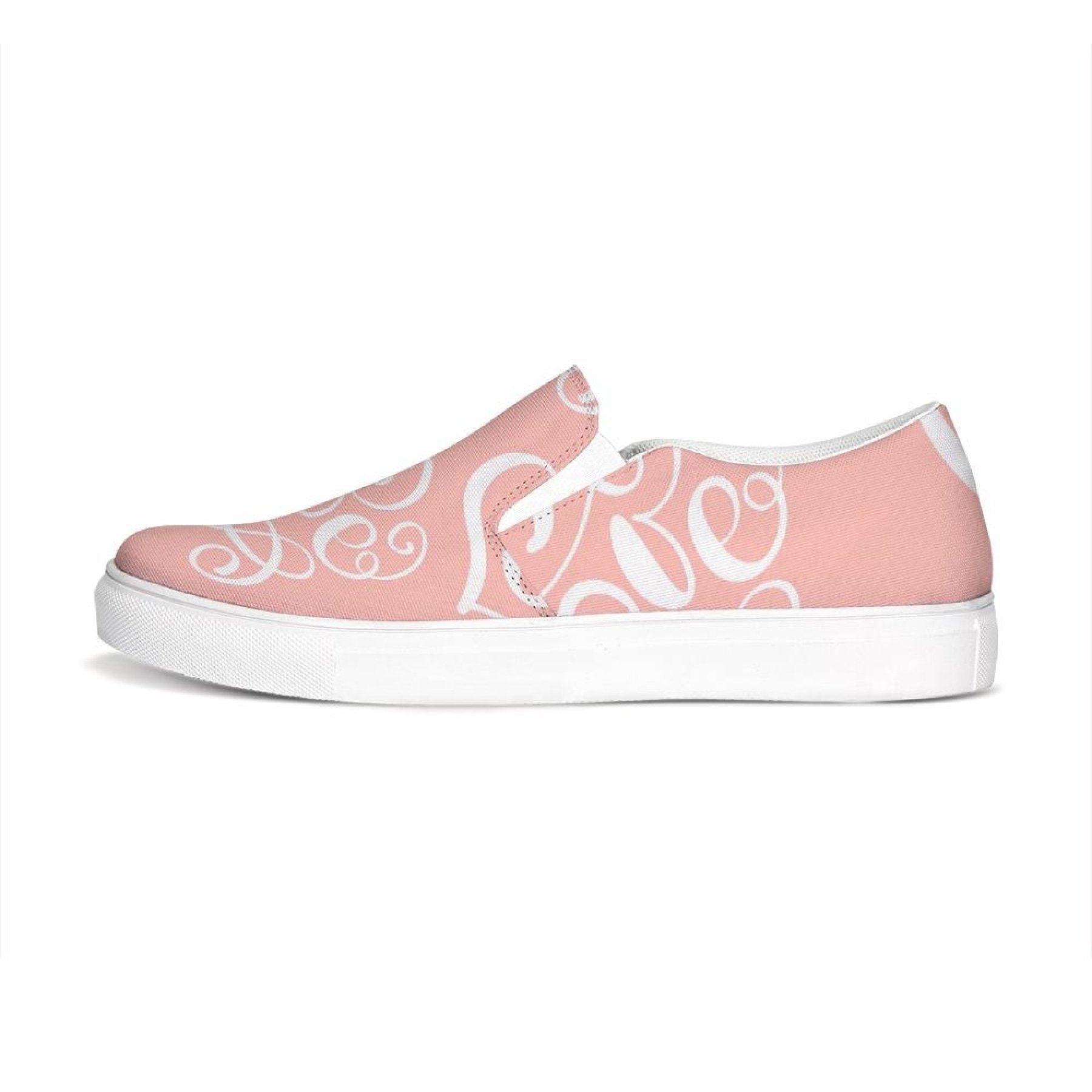 Uniquely You Womens Sneakers - Pink & White Love Print Low Top Slip-On Canvas Shoes by inQue.Style