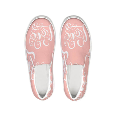 Uniquely You Womens Sneakers - Pink & White Love Print Low Top Slip-On Canvas Shoes by inQue.Style