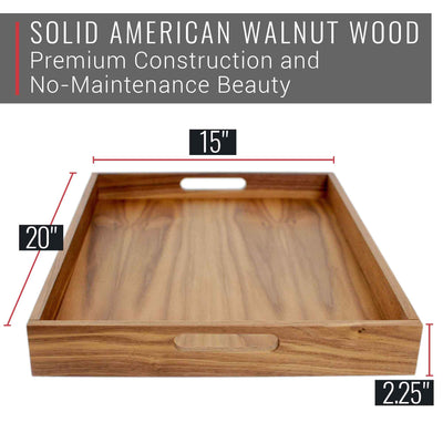 20 x 15 Inch Rectangular Walnut Wood Serving and Coffee Table Tray with Handles